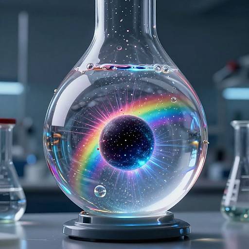 Photograph of a clear glass flask with a black solar eclipse at its center, surrounded by a vibrant rainbow halo, in a laboratory setting.