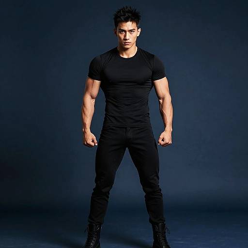 Photograph of a muscular Asian man with short, spiked black hair, wearing a tight black t-shirt and pants, standing confidently with fists clenched against
