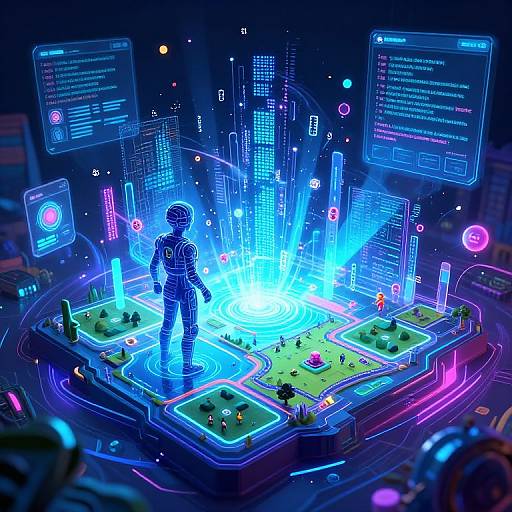 Neon-lit digital cityscape featuring a glowing blue holographic figure standing on a miniature golf course with futuristic holographic interfaces.