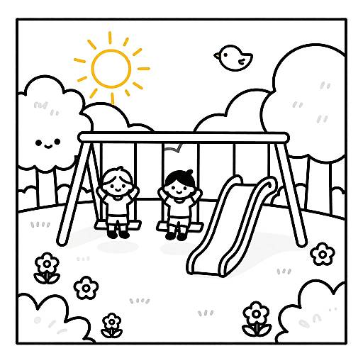 Black-and-white line drawing of children playing on a playground with a slide, swings, and sun, surrounded by simple trees and flowers.
