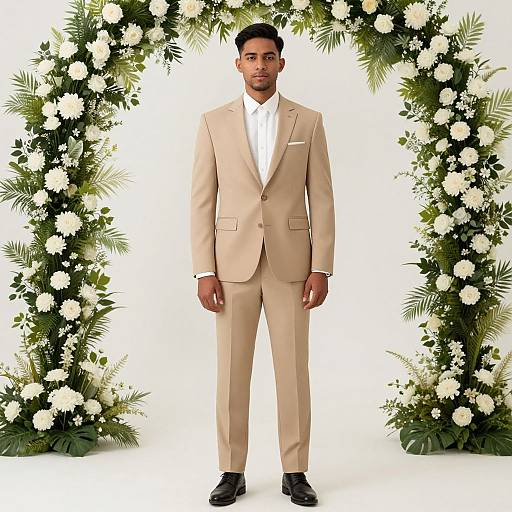 Photograph of a young man with short black hair, medium brown skin, and a trimmed beard, wearing a light beige suit, white shirt, and