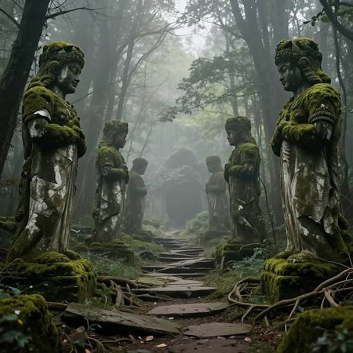 Moss-covered stone statues line a misty, forested path with wooden steps, leading deeper into a foggy, enchanted woodland. Photographic realism