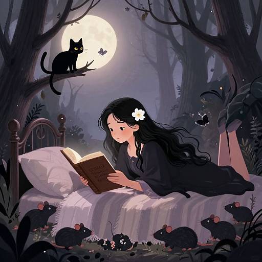 Digital illustration of a young girl with long black hair reading a book on a moonlit bed, surrounded by black cats and mice in a mystical forest.