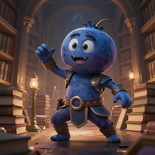 Epic Blueberry Warrior in Mystical Library
