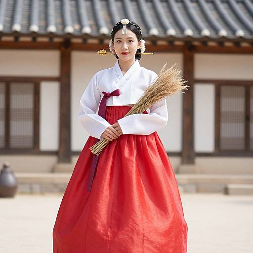 Photograph of a Korean woman in traditional hanbok, white top, red skirt, black hair ornaments, holding dried rice, standing in front of