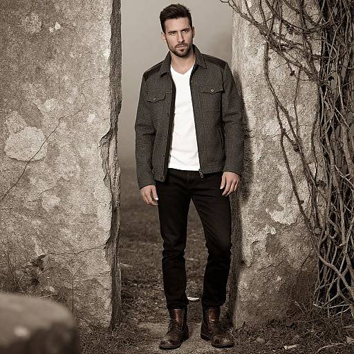 Photograph of a bearded man with short dark hair, wearing a black denim jacket, white shirt, black pants, and brown boots, standing in