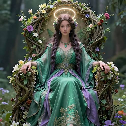 Mystical Fantasy Goddess on Floral Throne