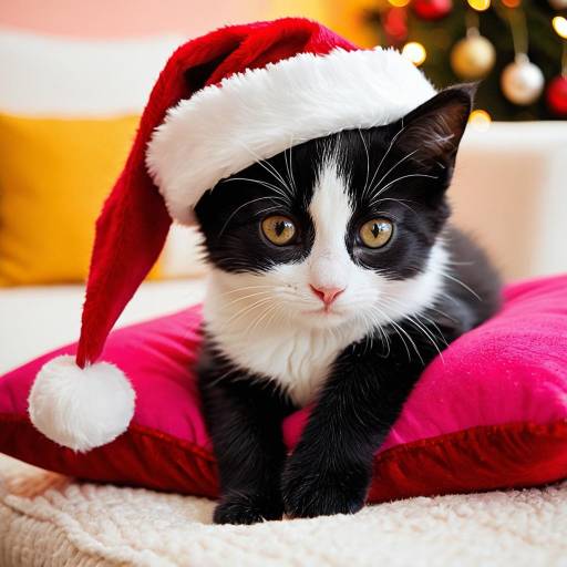 Kitten Wearing Santa Hat on Pink Cushion