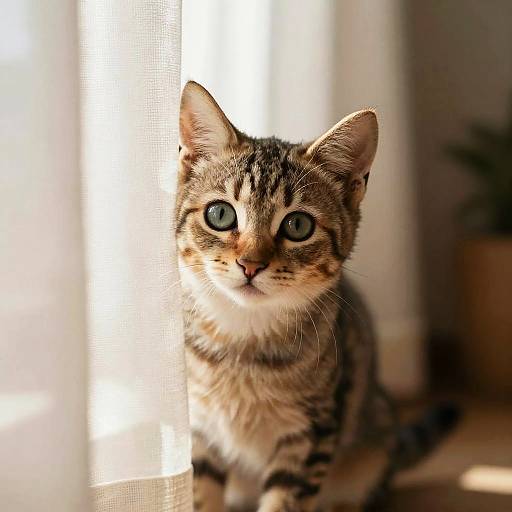 Coy Kitten Behind Curtain Portrait