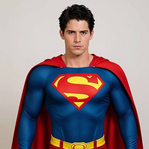 Photorealistic CGI of a handsome, dark-haired man in Superman costume: blue bodysuit with red 