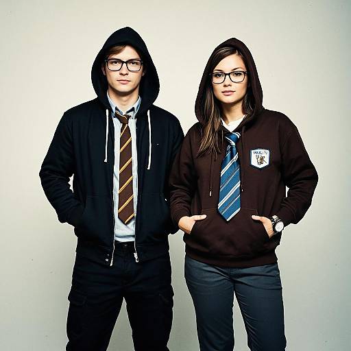 Young Man and Woman in Hoodies and Ties