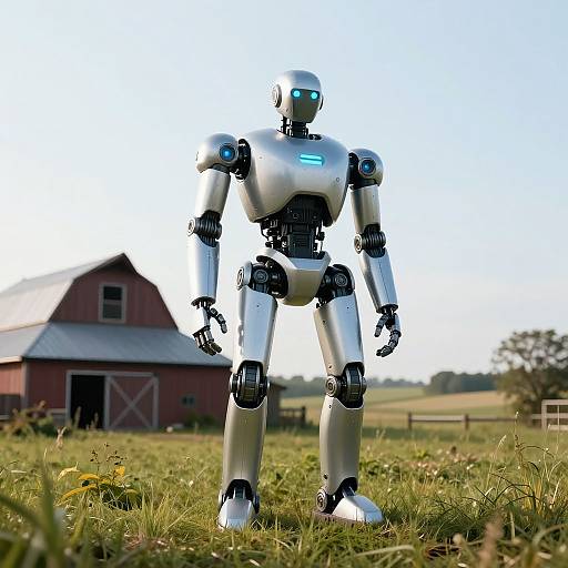 Photograph of a silver robot with glowing blue eyes standing on grass in front of a red barn under a clear sky.