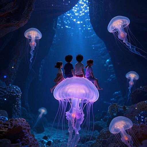 Photograph of three children sitting on a glowing purple jellyfish in an underwater cave, surrounded by bioluminescent jellyfish and blue light.