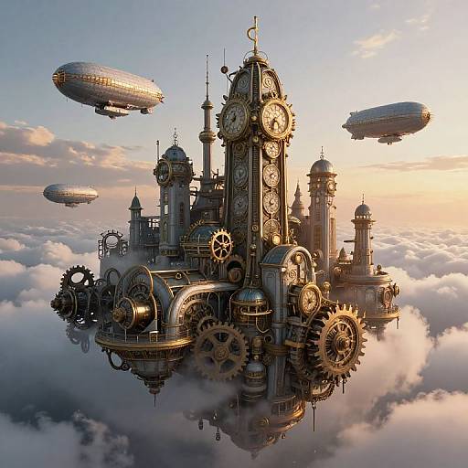 Steampunk clock tower with gears and dials floating among zeppelins in a cloudy sky at sunset, digital artwork.