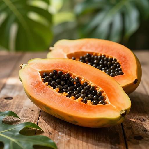 Photograph of two halved papayas with bright orange flesh and black seeds, placed on a wooden surface with green leaves in the blurred background.