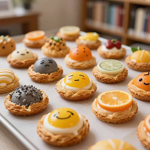 Photograph of colorful mini pastry nests with various toppings, including egg yolks, citrus slices, chocolate, and fruit, arranged on a white tray in