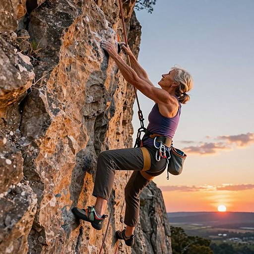 Photograph of a fit, gray-haired woman rock climbing a rugged, sunlit cliff at sunset, wearing a purple tank top, black pants, and