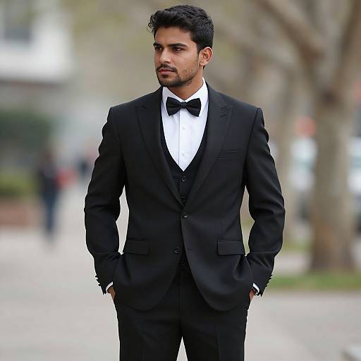 Photograph of a handsome young man with dark hair and beard, wearing a black tuxedo with bow tie, standing confidently on a blurred urban street