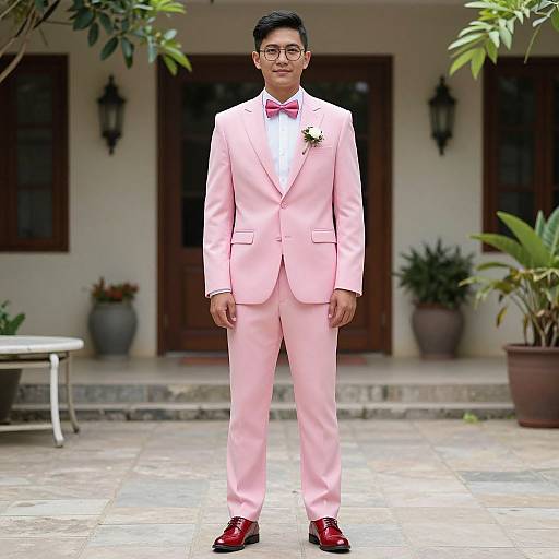 Photograph of an Asian man in a pink suit, red bowtie, and black shoes, standing in a sunny courtyard with potted plants and wooden