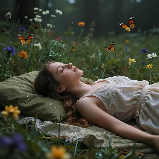 Dreamy Girl Meditates in Magical Meadow