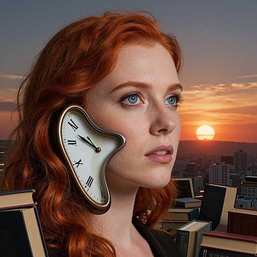 Photorealistic digital art of a fair-skinned, red-haired woman with a clock-shaped face, surrounded by books, at sunset on a city skyline