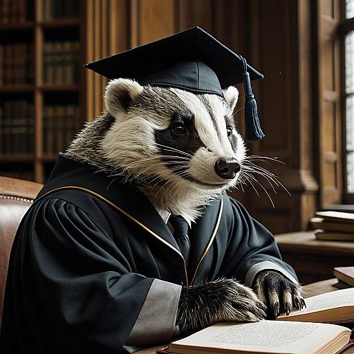Badger in Academic Cap and Gown Reading