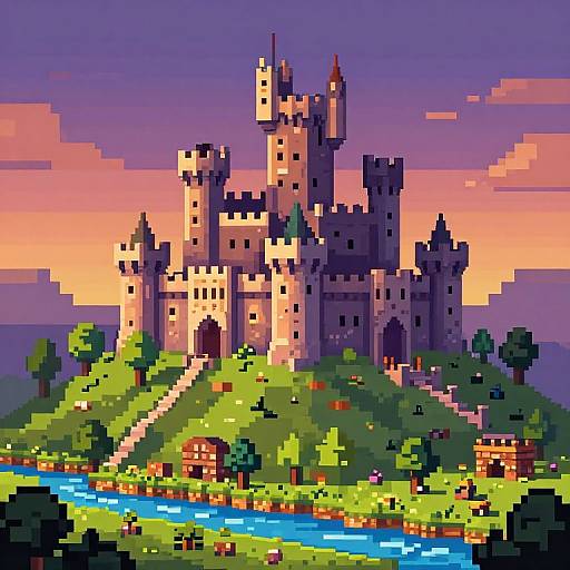 Pixel art castle on a grassy hill at sunset, with a flowing blue river in the foreground and colorful clouds.