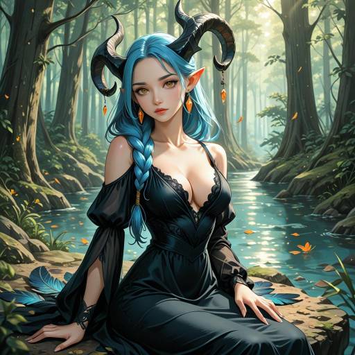 Fantasy Woman with Blue Hair and Horns in Enchanted Forest