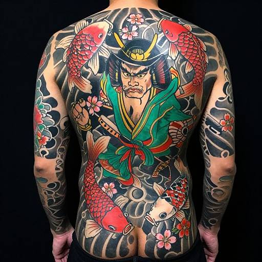 Vividly tattooed back of a man featuring colorful koi fish, traditional samurai, and cherry blossoms, set against a black background.
