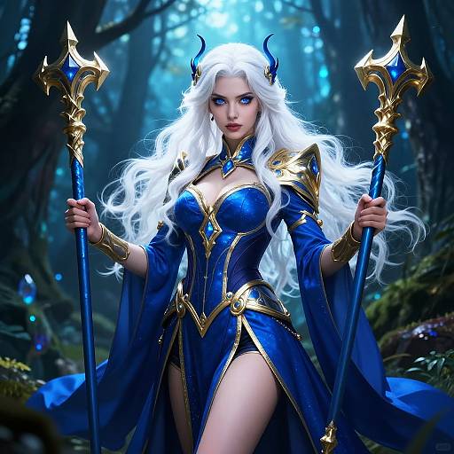 Digital art of a white-haired, blue-eyed fairy woman in a blue and gold fantasy armor, holding two ornate staffs, standing in a mystical