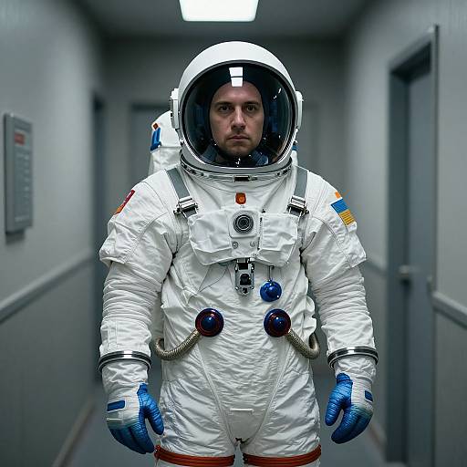 Photograph of a serious-looking man in a white astronaut suit with a reflective helmet, standing in a narrow, dimly lit hallway.