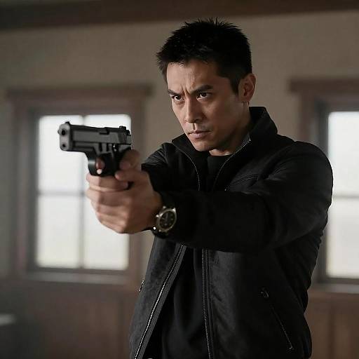 Serious Man Pointing Gun in Dim Room