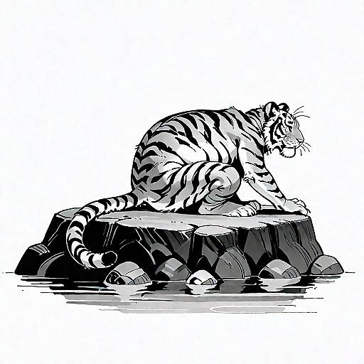Monochrome Tiger Sitting on Boulder