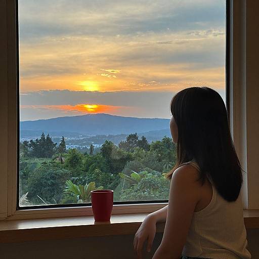Photograph of a woman in a white tank top, sitting by a window, watching a vibrant sunset over a lush, green landscape. Red cup on