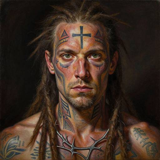 Photograph of a tattooed, muscular man with long dreadlocks, black face paint featuring a cross, and a spiked chest necklace, against a dark