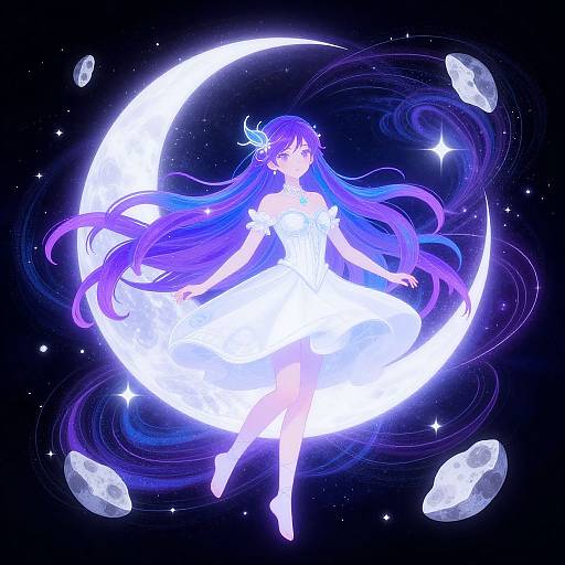 Digital anime-style illustration of a glowing, long-haired girl in a white dress floating against a luminous crescent moon and stars, surrounded by floating crystals