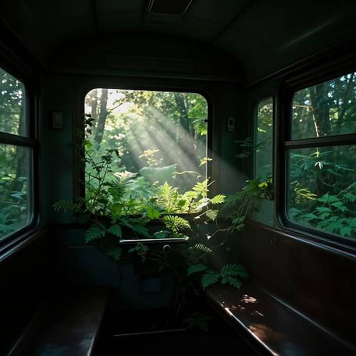Photograph of an empty train car with sunlight streaming through windows, illuminating lush green ferns inside, surrounded by dense forest.