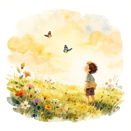 Boy Chasing Butterflies at Golden Hour