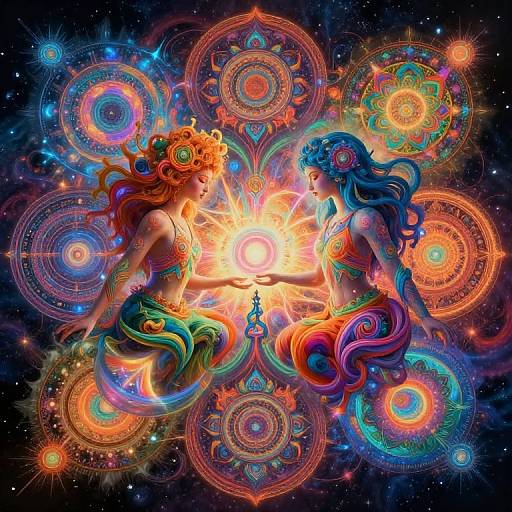 Digital art: Two ethereal women with colorful hair and clothes, facing each other, surrounded by vibrant, mandala-like patterns and a glowing sun in