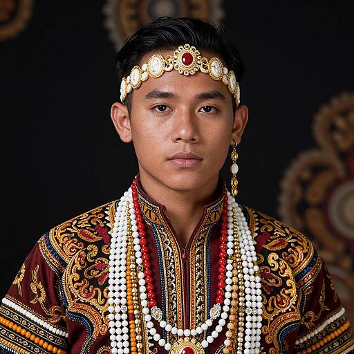 Photograph of a young Asian man with dark hair, wearing ornate traditional attire, gold headpiece, and multiple bead necklaces, against a dark