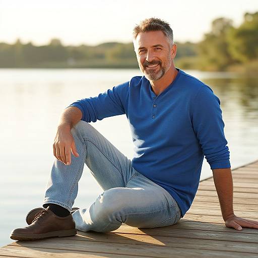 Middle-Aged Man Relaxing by Lake