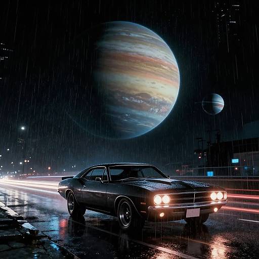 Muscle Car in Cyberpunk Rain with Exoplanet Sky