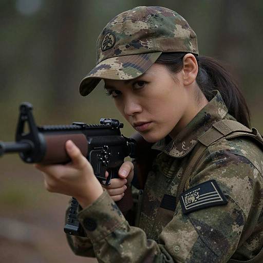 Photograph of a focused female soldier in camo uniform and cap, adjusting her rifle in a blurred forest background.
