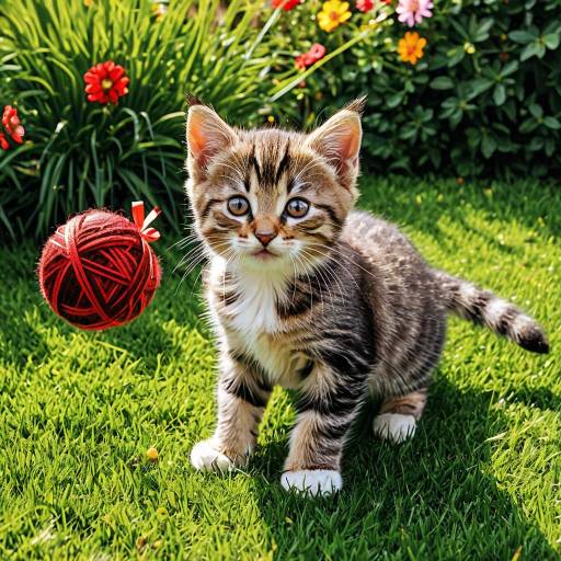 Striped Tabby Kitten Playing in Garden