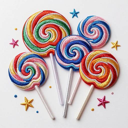 Colorful beaded swirl lollipops with white sticks, surrounded by small star-shaped beads, on a white background. Bright, vibrant, and