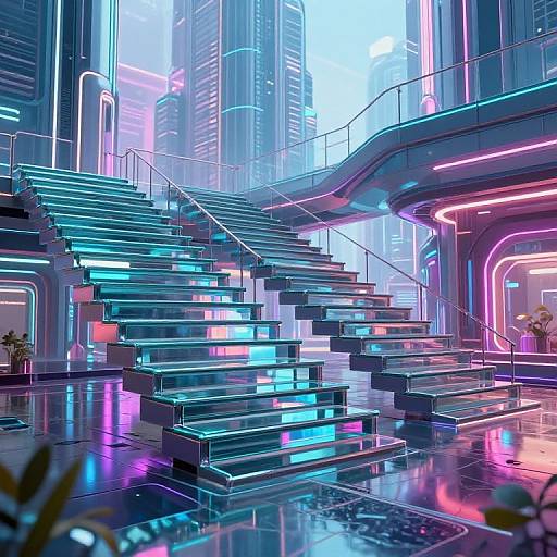 Neon-lit futuristic stairwell with glowing blue and pink lights, sleek glass railings, and reflective wet floor in a high-tech cityscape.