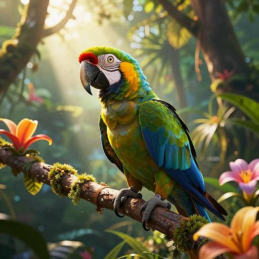 Vibrant Anthropomorphic Macaw in Rainforest