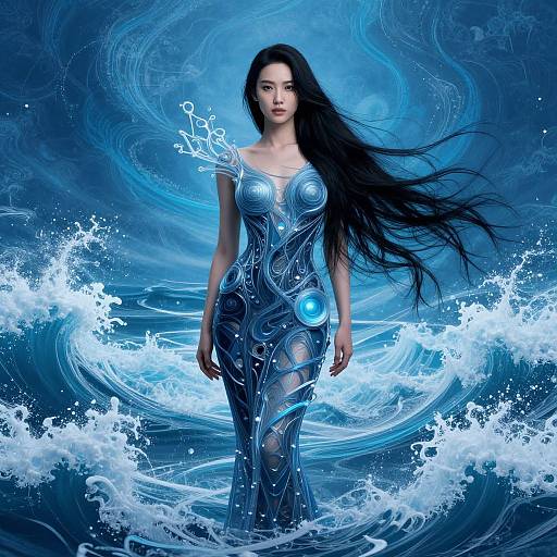 Digital artwork of an ethereal woman with long black hair, wearing a blue, wave-patterned dress, standing in turbulent ocean waves.