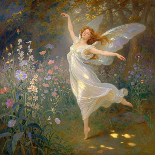 Digital painting of a fair-skinned, red-haired fairy woman in a flowing white dress, dancing in a vibrant, sunlit forest meadow of colorful
