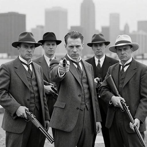 1930s Gangsters in Front of City Skyline